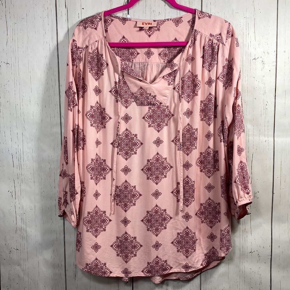 Evri Womens Boho Gypsy Tunic Top 3/4 Sleeve Flowy Breazzy Split Neck Festival